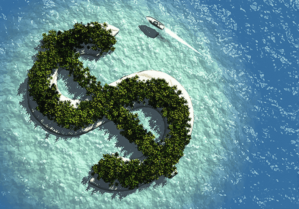 Imagen de isla con forma de símbolo de dólar para ilustrar un paraíso fiscal